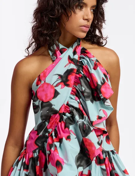 Light blue halter neck top with floral-print