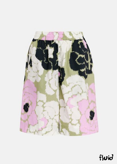 Light khaki, lilac and off-white cotton shorts with floral print