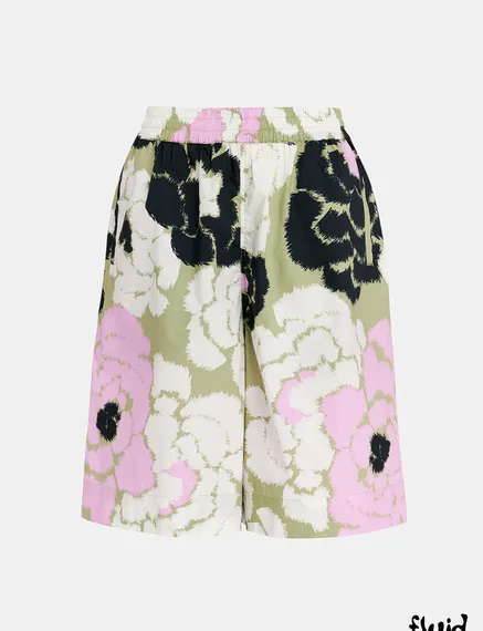 Light khaki, lilac and off-white cotton shorts with floral print