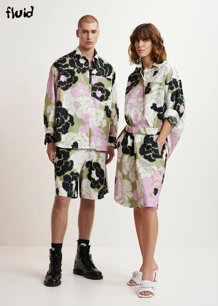 Light khaki, lilac and off-white cotton shorts with floral print