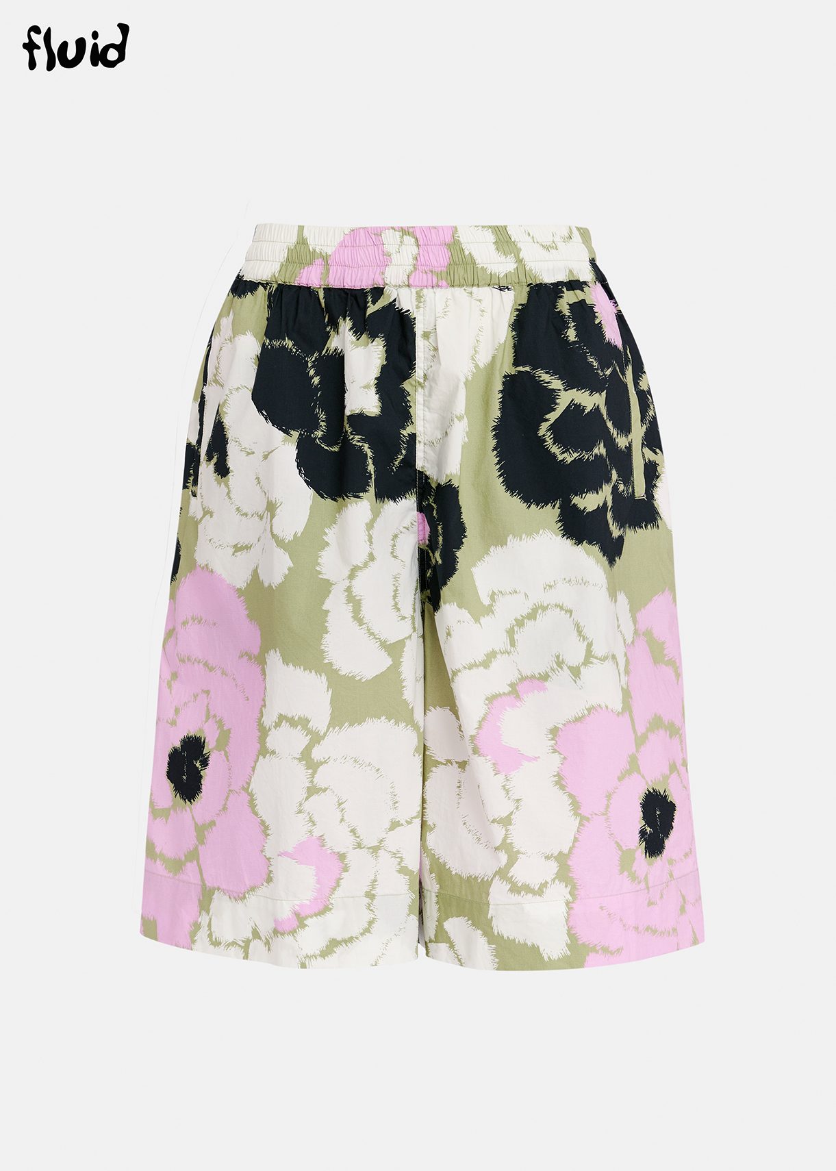 Light khaki, lilac and off-white cotton shorts with floral print