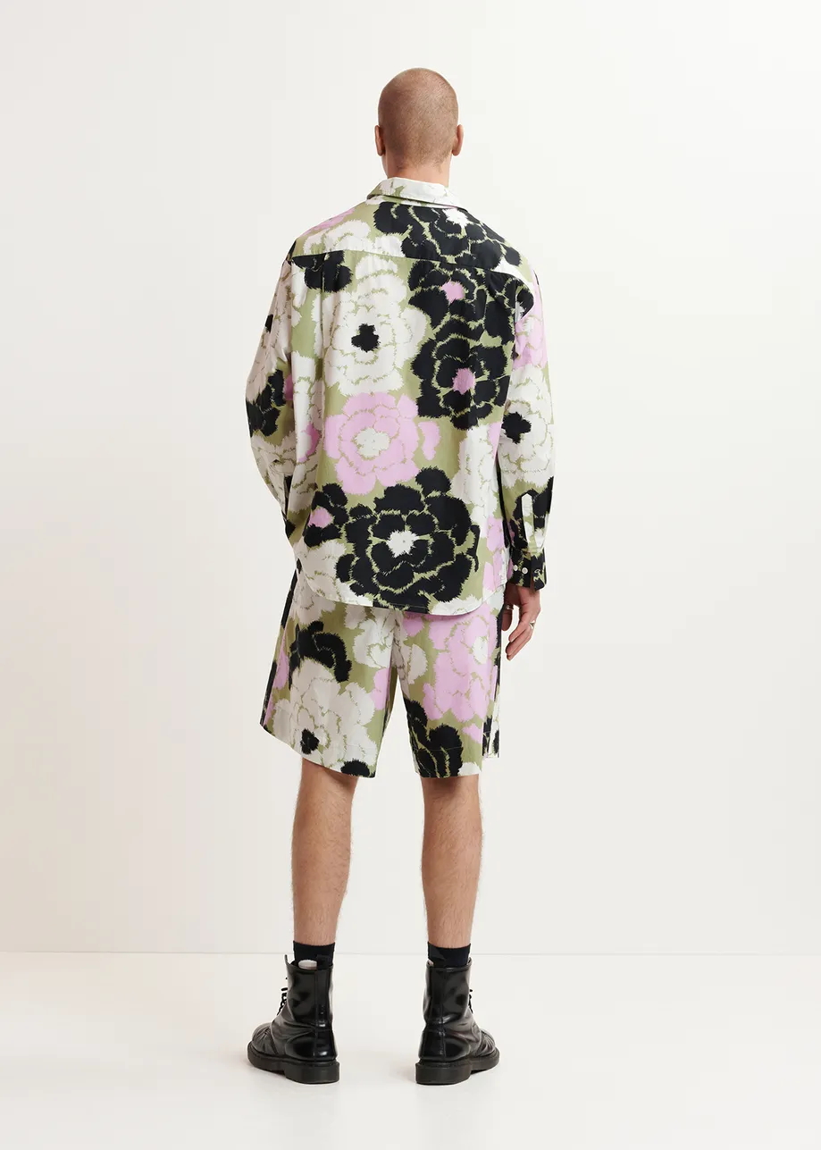 Light khaki, lilac and off-white cotton shorts with floral print
