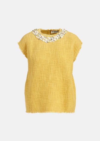 Yellow sleeveless top with sequin and bead-embellished neckline