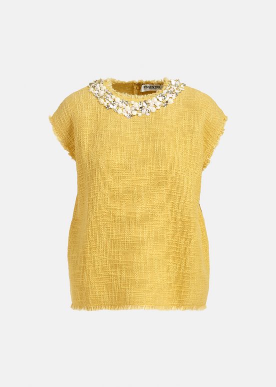 Yellow sleeveless top with sequin and bead-embellished neckline