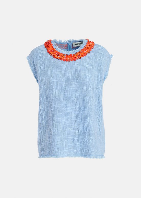 Light blue sleeveless top with sequin and bead-embellished neckline