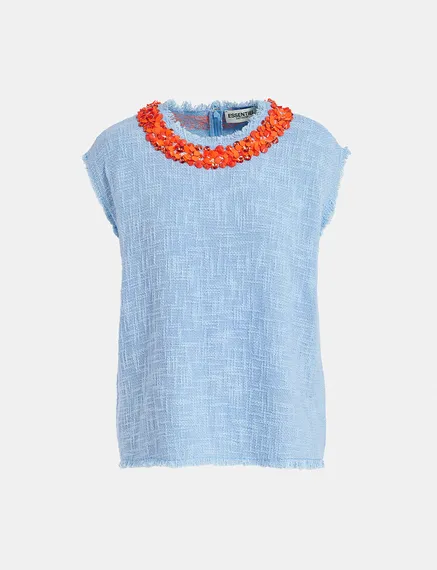 Light blue sleeveless top with sequin and bead-embellished neckline