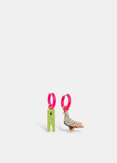 Neon pink hoop earrings with pigeon and peg pendants