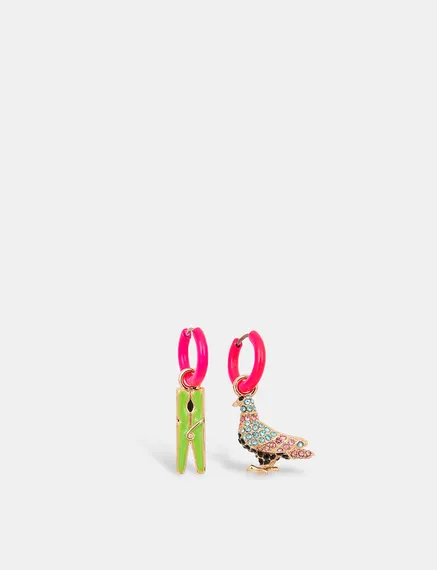 Neon pink hoop earrings with pigeon and peg pendants