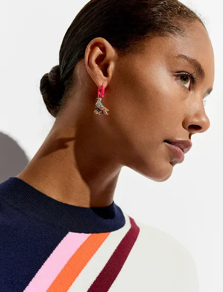 Neon pink hoop earrings with pigeon and peg pendants