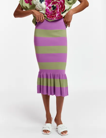 Purple and light khaki striped knit skirt