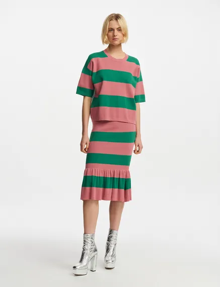 Vintage pink and green striped knit skirt