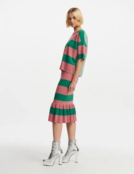 Vintage pink and green striped knit skirt