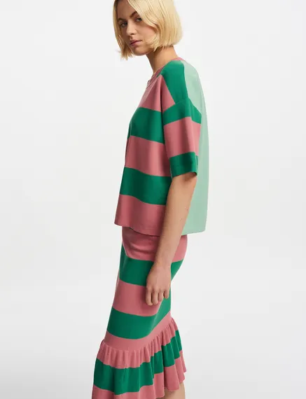 Vintage pink and green striped knit skirt