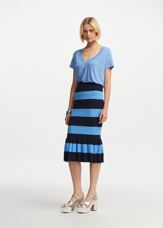 Blue and navy blue striped knit skirt