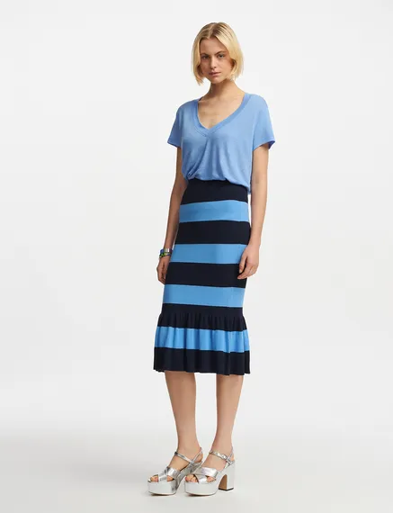 Blue and navy blue striped knit skirt