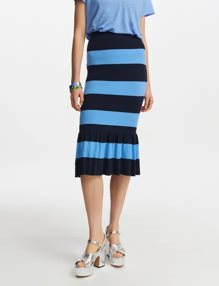 Blue and navy blue striped knit skirt