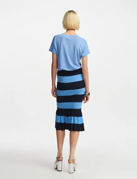 Blue and navy blue striped knit skirt