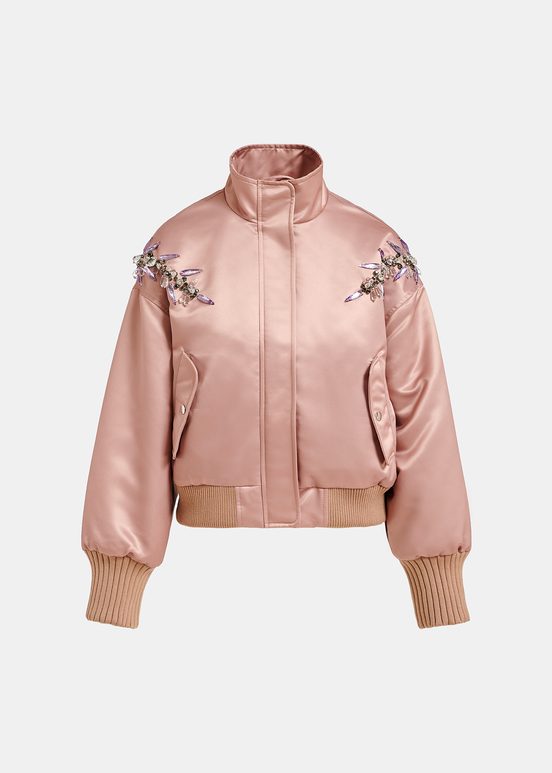 Blouson aviateur en satin vieux rose avec strass