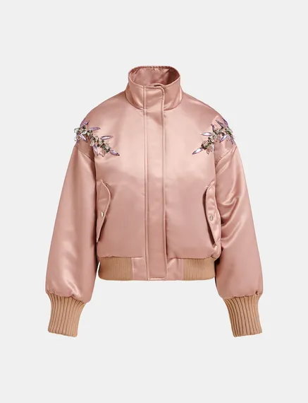 Blouson aviateur en satin vieux rose avec strass