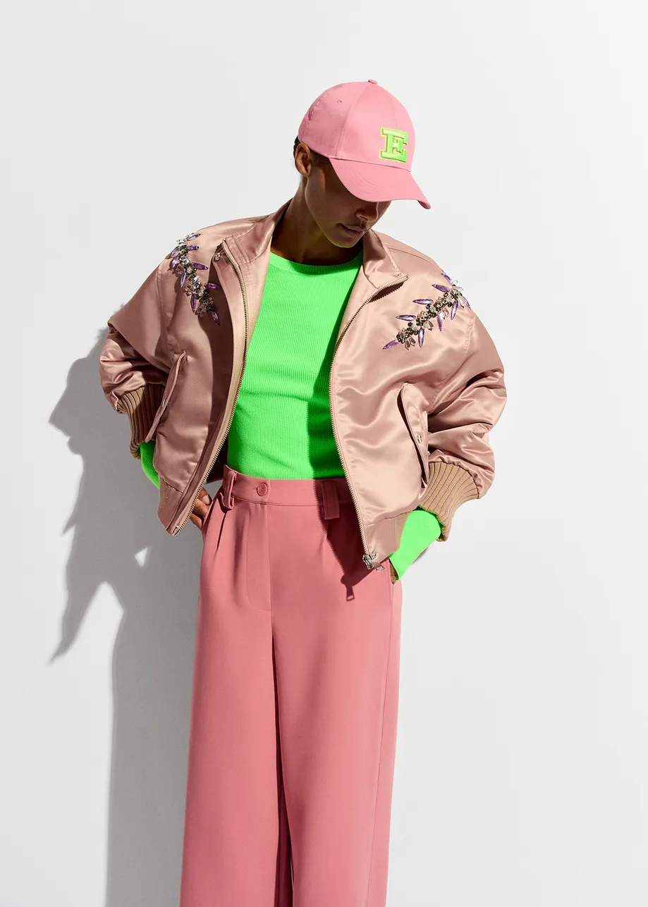 Vintage pink satin bomber jacket with rhinestone embellishments