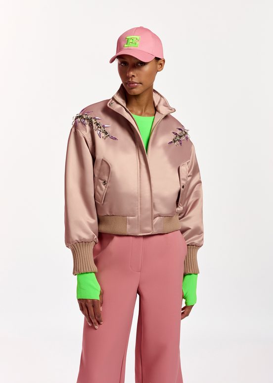 Blouson aviateur en satin vieux rose avec strass