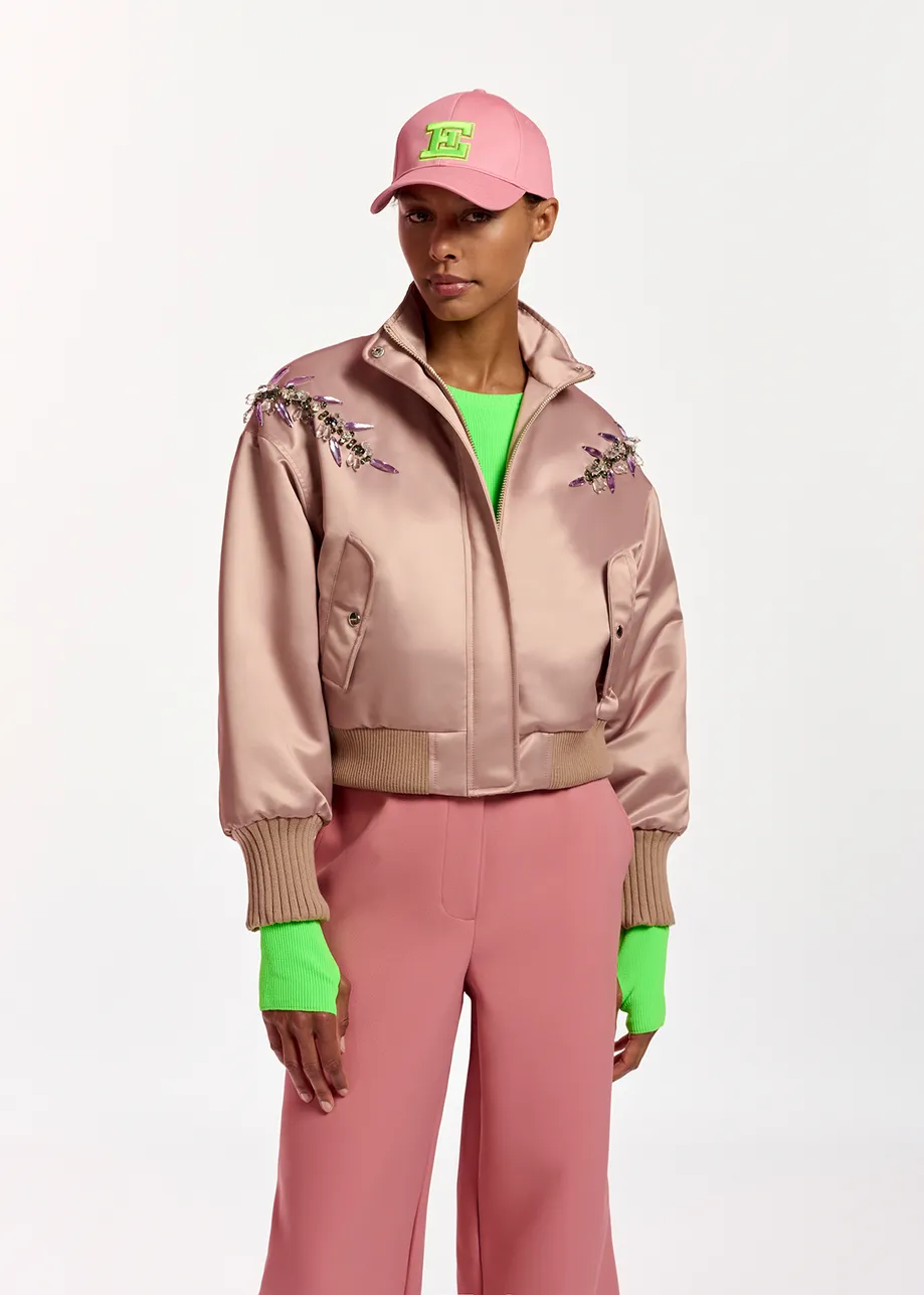 Vintage pink satin bomber jacket with rhinestone embellishments
