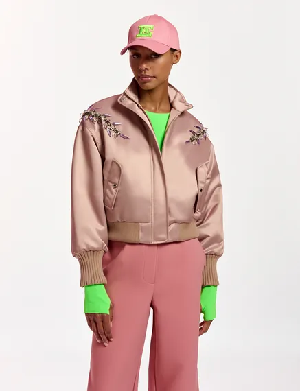 Blouson aviateur en satin vieux rose avec strass