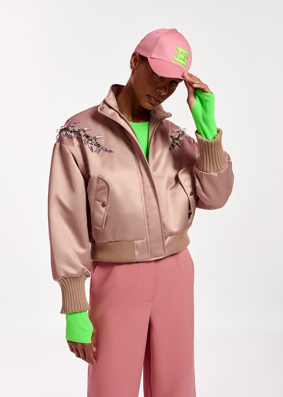 Blouson aviateur en satin vieux rose avec strass