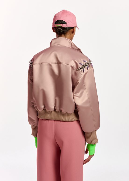 Blouson aviateur en satin vieux rose avec strass