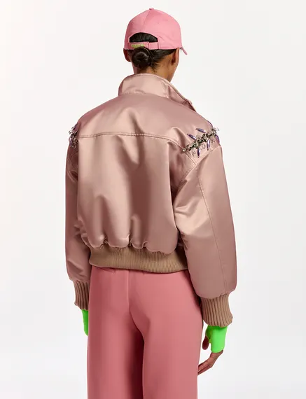 Blouson aviateur en satin vieux rose avec strass