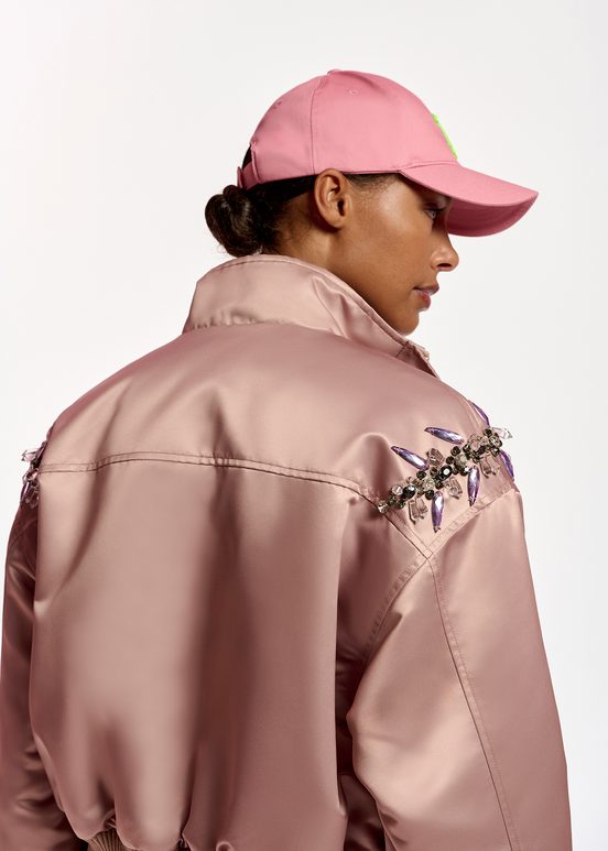 Vintage pink satin bomber jacket with rhinestone embellishments