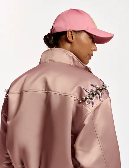 Vintage pink satin bomber jacket with rhinestone embellishments