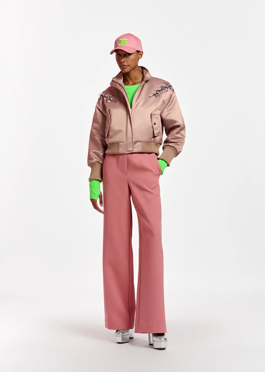 Vintage pink satin bomber jacket with rhinestone embellishments