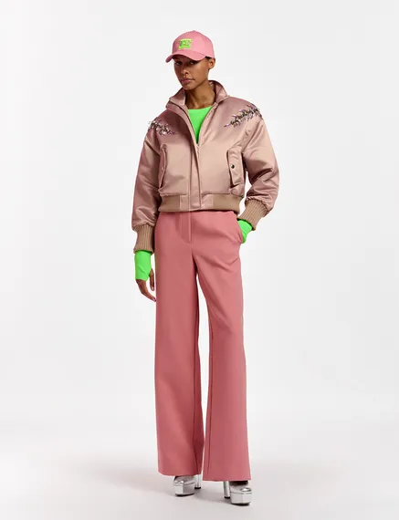 Blouson aviateur en satin vieux rose avec strass