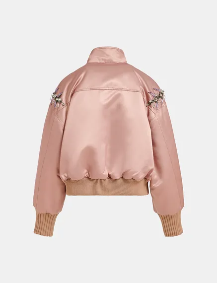 Blouson aviateur en satin vieux rose avec strass