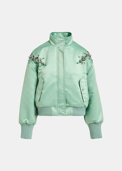 Mint green satin bomber jacket with rhinestone embellishments