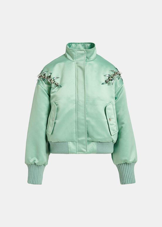 Mint green satin bomber jacket with rhinestone embellishments