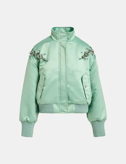 Mint green satin bomber jacket with rhinestone embellishments