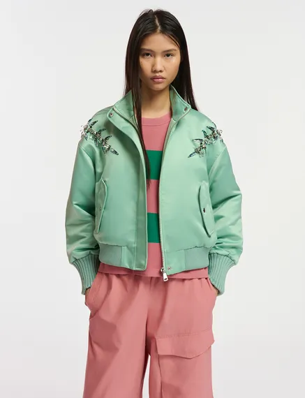 Mint green satin bomber jacket with rhinestone embellishments