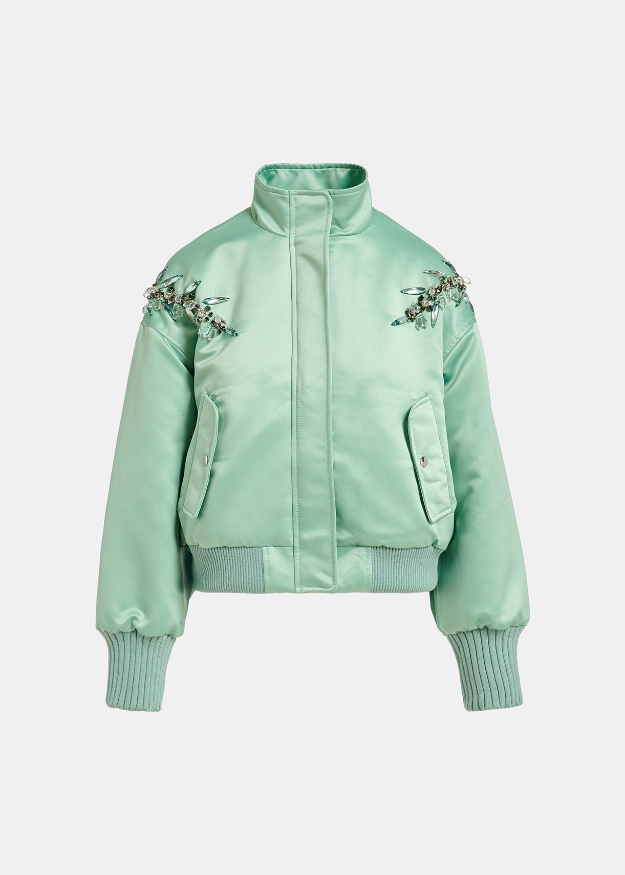 Mint green satin bomber jacket with rhinestone embellishments