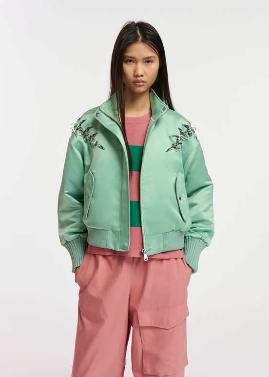 Mint green satin bomber jacket with rhinestone embellishments