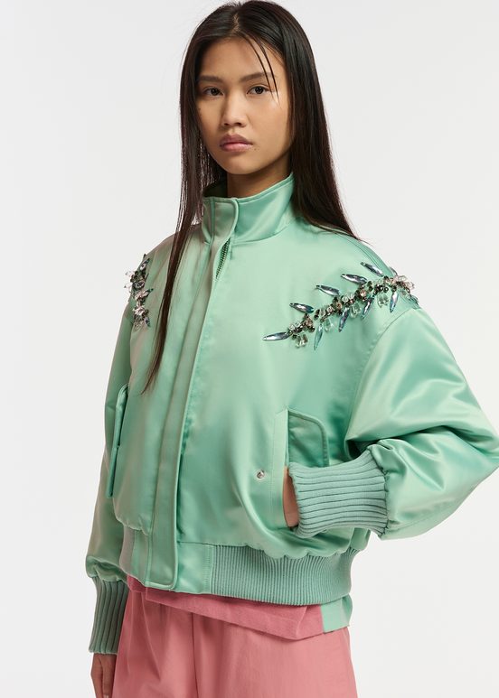 Mint green satin bomber jacket with rhinestone embellishments