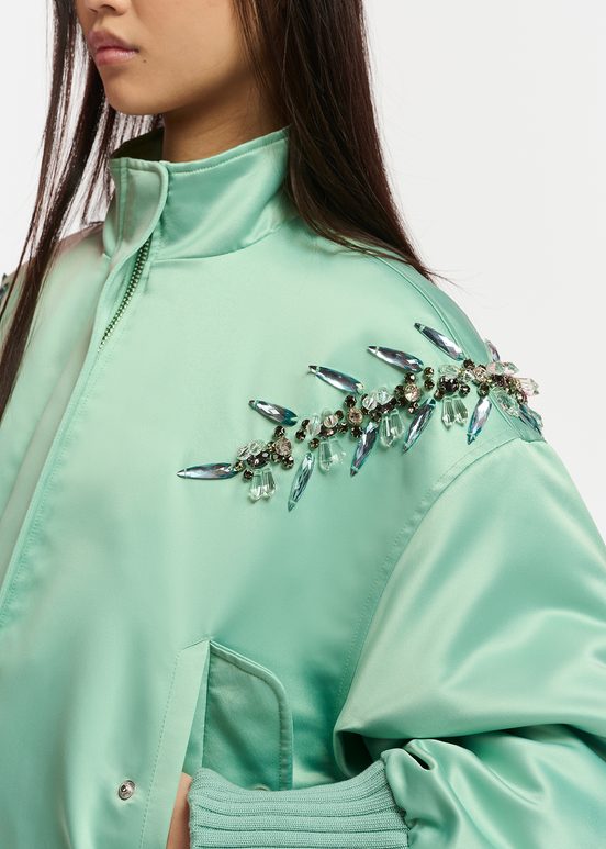 Mint green satin bomber jacket with rhinestone embellishments