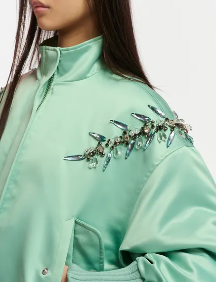 Mint green satin bomber jacket with rhinestone embellishments