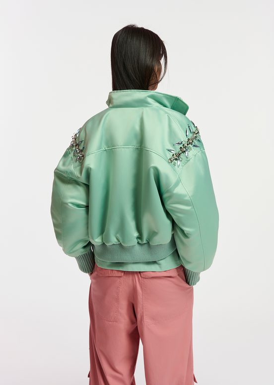 Mint green satin bomber jacket with rhinestone embellishments