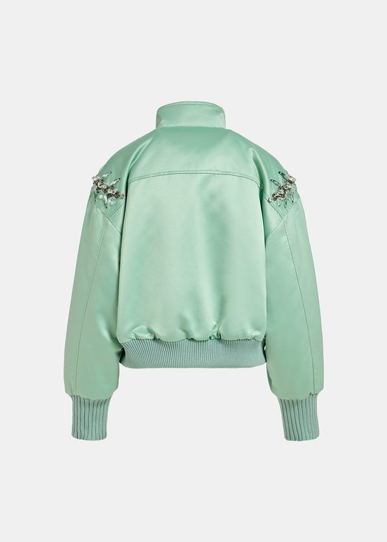 Mint green satin bomber jacket with rhinestone embellishments