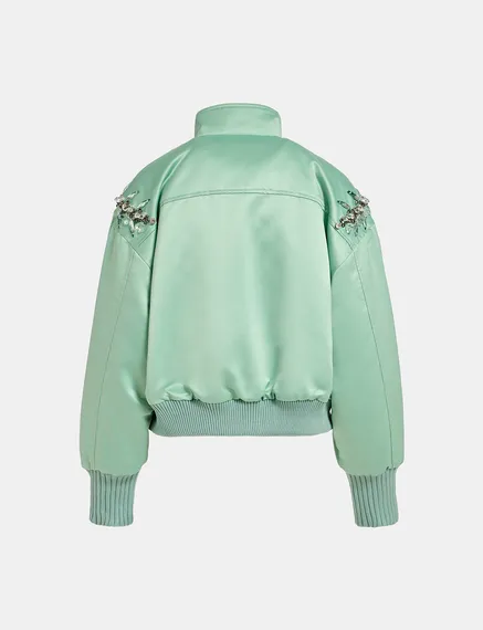 Mint green satin bomber jacket with rhinestone embellishments