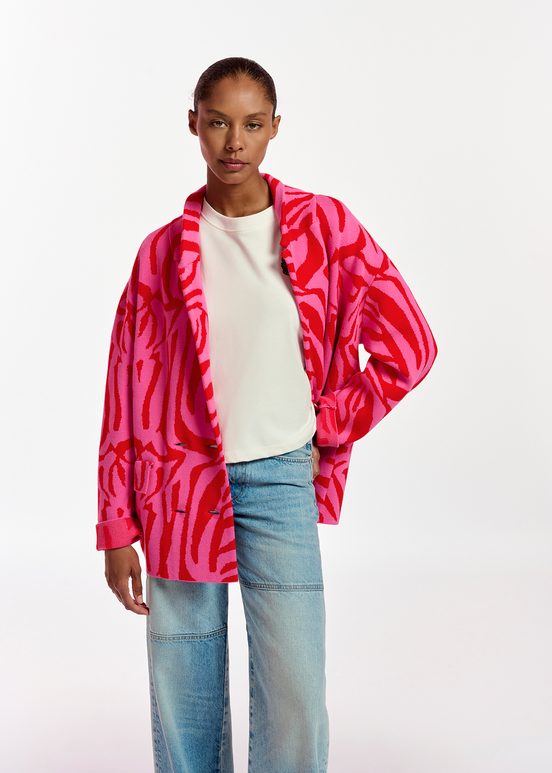 Pink and red zebra jacquard-knitted jacket