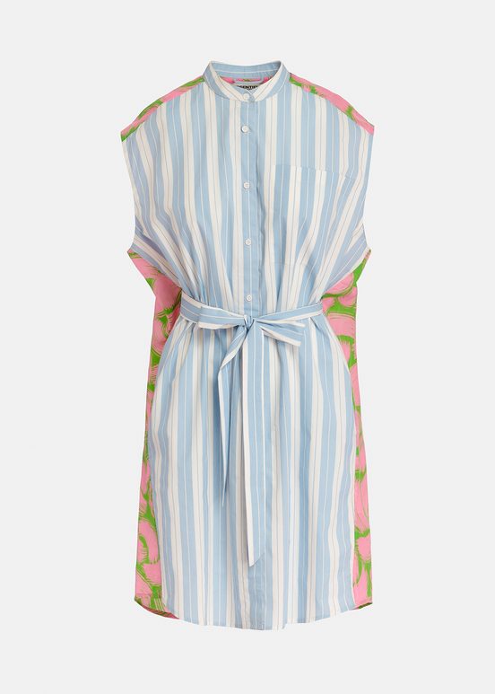 Blue and white striped shirt dress with silk back panel