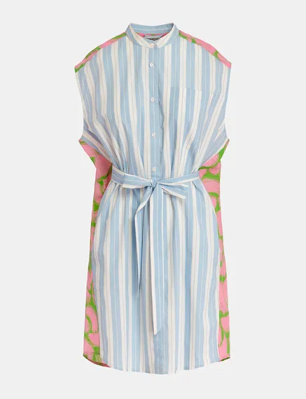 Blue and white striped shirt dress with silk back panel